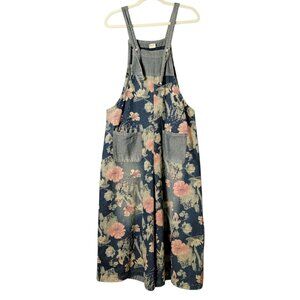 COWOKA Womens Floral Boho Denim Bib Overalls Suspenders Wide Leg Jumpsuit M